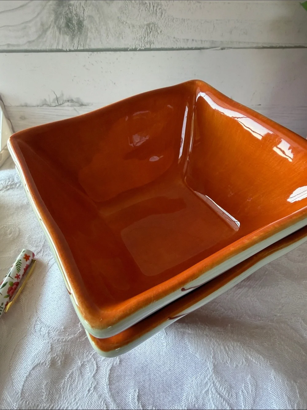 Pier 1 Square Serving Bowls in Orange and Cream Stripes